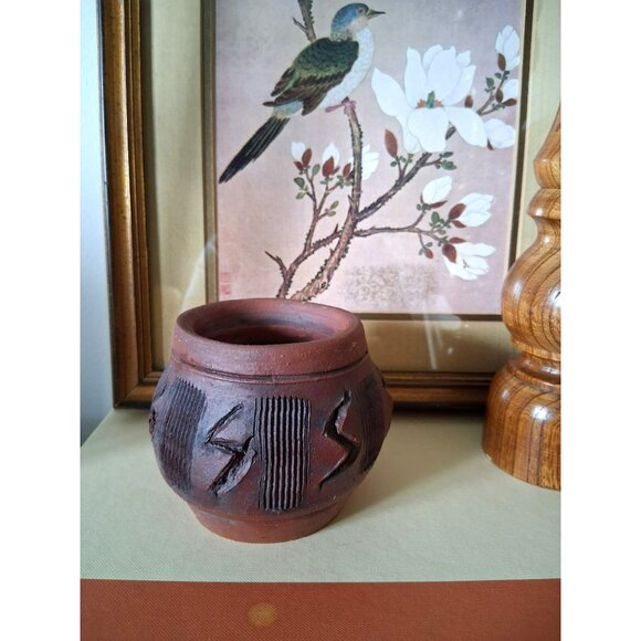 Vintage Handcrafted Terracotta Pot With Embossed Tribal Patterns Rustic Finish - Picture 2 of 8